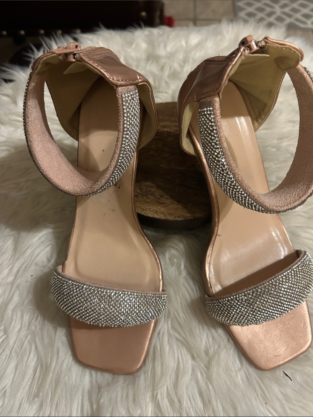 Rhinestone Ankle-Strap Heels in Blush Pink